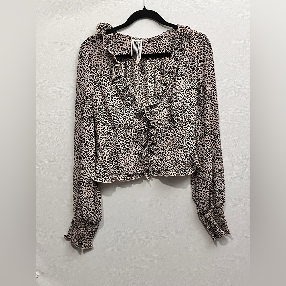 Free People Leopard Print Ruffle Front Blouse - Beige and Black